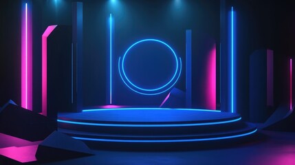 Aufkleber - Black And Blue Infusion Bright Neon Futuristic Technology Backdrop Stage Background With Neon Light Lines Futuristic Tech Background For Product Showcase