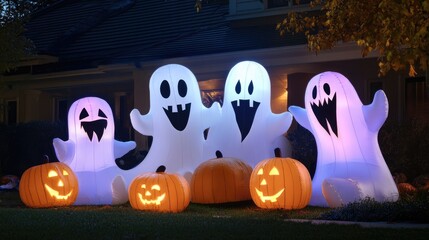 Poster - spooky garden inflatables ghosts and pumpkins