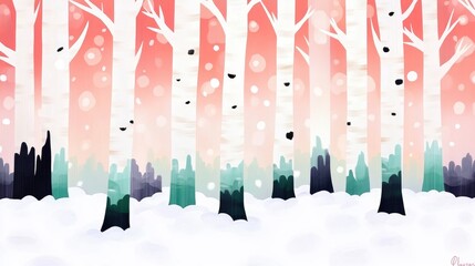 Poster - Birch Tree Trunks Against White Snow Background Natural Texture of Birch Bark Winter Forest with Birch Trunk Colors