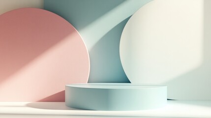 Aufkleber - 3D rendering of an abstract geometric shape background featuring a pastel blue podium in a minimalist design