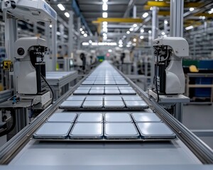 Precision Automation Close-Up of High-Tech Factory Assembly Line with Robotic Arms in Industrial Setting - Efficient, Futuristic Technology for Manufacturing