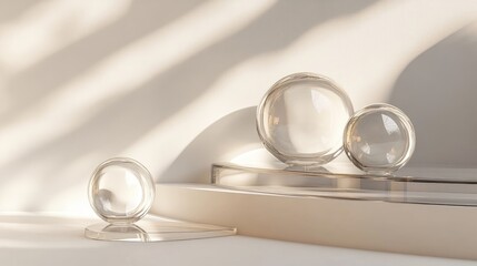 Aufkleber - 3D rendering of a podium or platform featuring glass spheres designed for retail advertising and business use A display for products merchandise and medical supplies with a glass exhibition stand