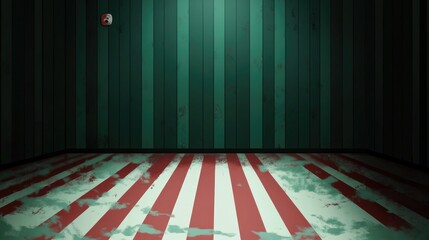 Poster - Abandoned space featuring dark green wooden walls and flooring with vertical stripes