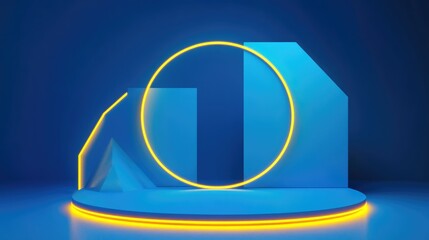 Aufkleber - 3D render featuring a blue background with abstract geometric shapes illuminated by yellow neon light A contemporary minimalist setting suitable for product display