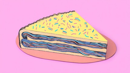 Poster - Cake on a Pink Background Triangular Slice of Cake on a Paper Surface Close Up of Sweets