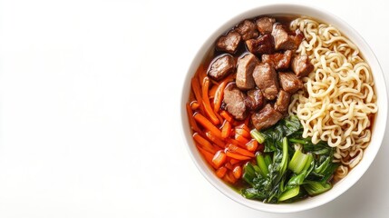 Aufkleber - Bowl of Asian noodles with pork vegetables and mushrooms viewed from above with empty space for text