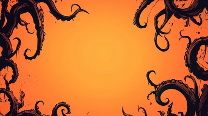 Aufkleber - Abstract doodle frame featuring monster tentacles set against a gradient orange background 2D cartoonish fantasy design with space for text Whimsical frame ideal for Halloween themes