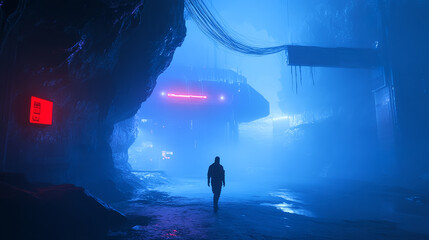 Wall Mural - Lonely person walking in foggy futuristic area