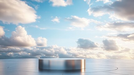 Poster - 3D rendering of a metallic podium against a sky backdrop designed for display or promotional use 3D illustration