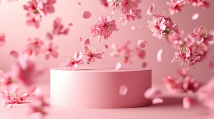 Poster - 3D background featuring a pink podium display with falling sakura flowers Ideal for promoting cosmetic or beauty products on a floral pastel pedestal Abstract minimalist advertisement with ample c