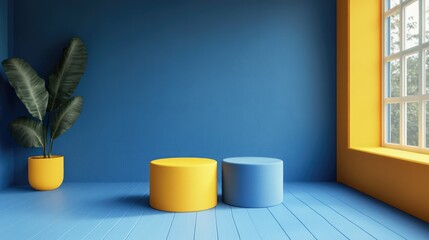 Aufkleber - Abstract minimal scene featuring a blue backdrop with geometric yellow shapes for product showcase 3D rendering