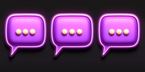 Poster - Three purple neon chat bubbles with white dots on black background