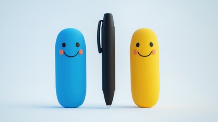 Wall Mural - Blue and Yellow Smiling Objects with a Black Pen