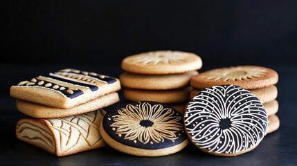 Poster - Assortment of whole round tasty fragrant nutty cookies on a dark background
