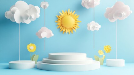 Poster - 3D rendered display podiums featuring a charming sun and suspended paper clouds