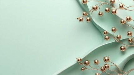 Poster - 3D display banner featuring a pastel sage green and white paper background adorned with golden berry accents Elegant minimalist template for beauty and cosmetic product presentations