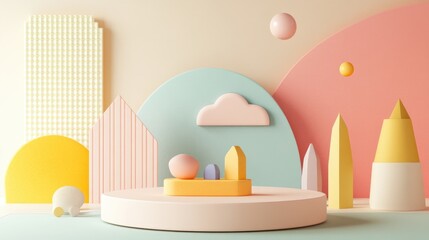 Aufkleber - 3D podium with abstract geometric shapes on a pastel background for presenting children s products