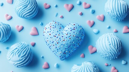 Poster - 3D rendering of heart shaped ice cream in blue Flat lay composition