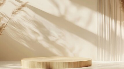 Aufkleber - 3D backdrop featuring a podium display Soft beige banner with light and shadow effects Ideal for beauty cosmetic promotions showcasing a natural wooden panel with a gold stand Minimalist studio re