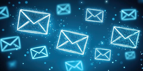 Poster - multiple blue glowing email icons netoworking connection communication on dark background