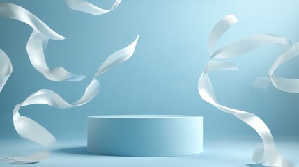 Aufkleber - 3D rendering of a contemporary minimal blue backdrop featuring an empty cylindrical podium and a vacant pedestal for product display showcasing a round stage with flowing paper ribbons