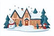 © JK_kyoto - A cozy winter scene featuring a festive house, snowman, and children exchanging gifts amidst snowy trees and falling snowflakes.