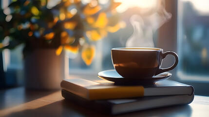 A steaming cup of coffee sits on two closed books bathed in soft morning light, creating a cozy reading and relaxation scene.