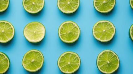 Poster - Bright green lime slices on a blue backdrop