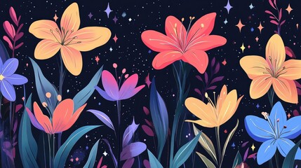 Beautiful Layout Design Of Lily Flower Plants Nebula Colors Space And Astronomy Theme Fabric Textile Printing Colors Colorful Galaxy With Lily Flowers