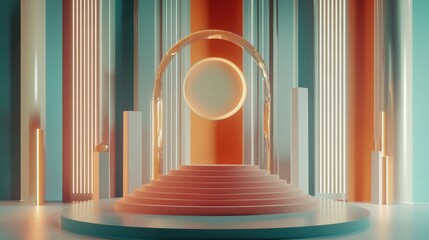Aufkleber - 3D rendering of a contemporary mockup featuring an abstract geometric background a blank template for minimalistic showcases simple shapes and an Art Deco inspired display with pastel colors