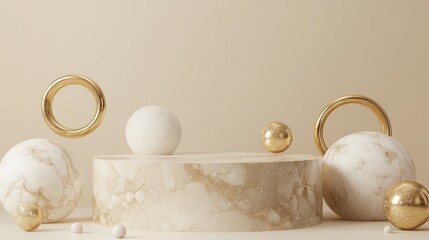 Aufkleber - 3D rendered beige marble podiums featuring golden rings along with golden and white spheres on a beige backdrop
