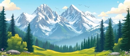 Aufkleber - Beautiful Nature Landscape Of Mountains With Snow And Green Forest