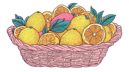Poster - Citrus Fruits in a Basket Tangerines Oranges Lemons on a White Background