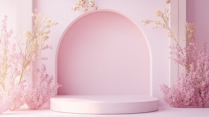 Aufkleber - 3D rendering of a top view flat lay display featuring a pastel lavender pink podium offering a minimal and luxurious backdrop with golden accents for product photography