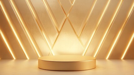 Poster - 3D illustration featuring a golden background with geometric shapes illuminated pedestal for showcasing products ideal for promotion and sales 3D render