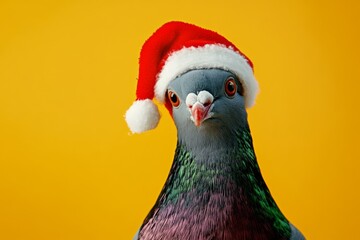 Dove wearing a Santa Claus Hat on a yellow color background. Copy space for your text. Cute funny pigeon dressed carnival clothes, red costume. Humor, winter concept. Bird wear headwear Xmas party