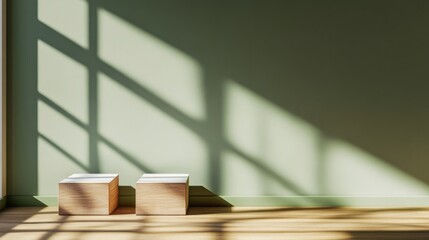 Aufkleber - 3D rendered background featuring two boxes for product display on a green wall with sunlight shadows Suitable for presentations