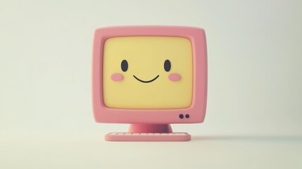 Wall Mural - Pink and Yellow Cartoon Computer with a Smiling Face