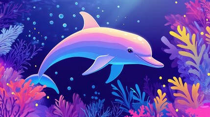 Poster - 2D cartoon dolphin swimming in a vibrant sea backdrop