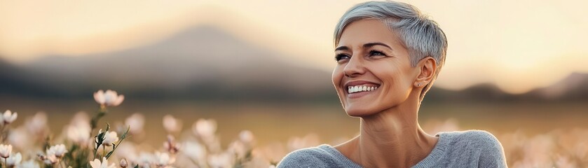 Happy woman enjoying nature with flowers in the background, glowing with happiness.