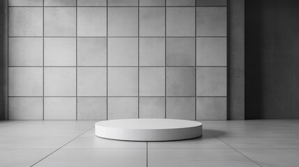 Aufkleber - Abstract 3D rendering of a modern showroom interior design featuring an empty floor and a white podium against a concrete wall backdrop