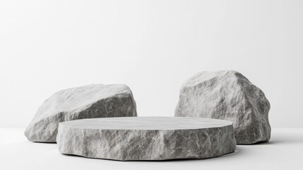 Poster - 3D gray stone podium display collection Empty white background Mockup for cosmetics or beauty product promotion Natural textured gray rock pedestal Stylish minimalist banner 3D rendered illustrati