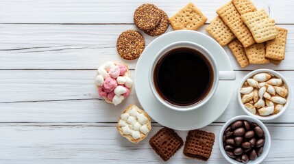 Aufkleber - Black coffee and snacks arranged on a white wooden table before departing for work in the afternoon