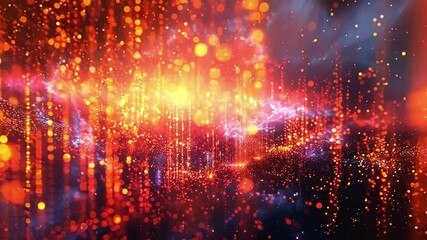 Poster - glowing particles rise against a dark backdrop, creating a vibrant bokeh effect with red, orange, an