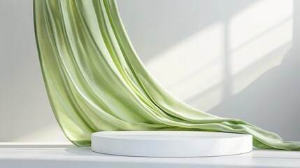 Poster - 3D podium display with a white background featuring a pedestal and flowing green silk curtain Natural wind effect Elegant presentation stand for beauty products ideal for a luxurious feminine adve