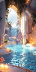 Wall Mural - A beautiful, serene scene of a pool with a waterfall and a cave in the background