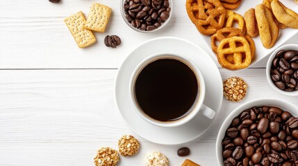 Aufkleber - Black coffee and snacks arranged on a white wooden table before departing for work in the afternoon
