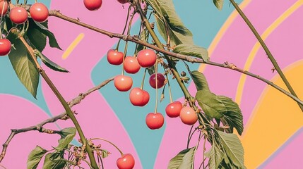 Poster - Close Up of Summer Cherry Berries Hanging from a Tree with a Clear Blue Sky