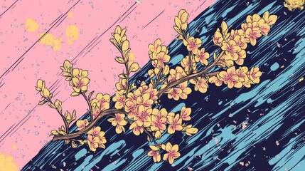Aufkleber - Blooming branch with pink flowers on a rustic wooden surface