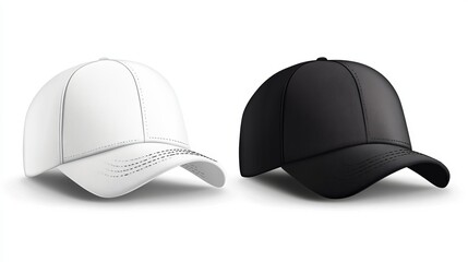 Baseball caps in black and white, men's and women's hats mockup, two sides view, white background.